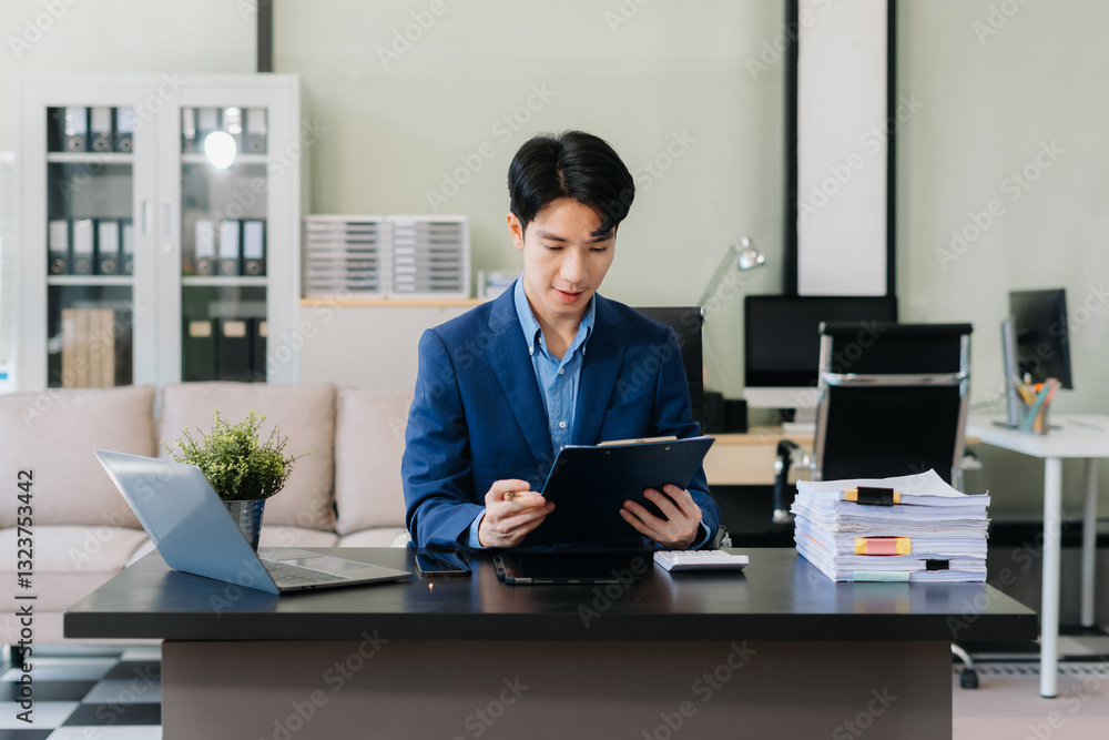 Businessman using laptop computer in office. Happy man, entrepreneur, small business owner working online. Businessman using laptop computer in office. Happy man, entrepreneur, small business owner working online.