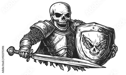 Skull warrior with sword and shield vector in linear style, icons set.