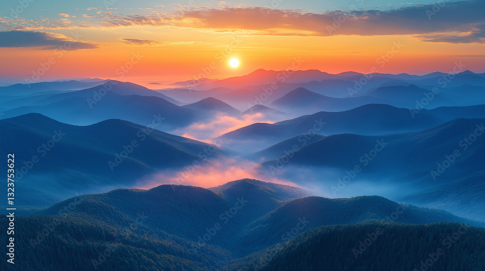 Fototapeta premium Early morning sunrise and distant mountain scenery