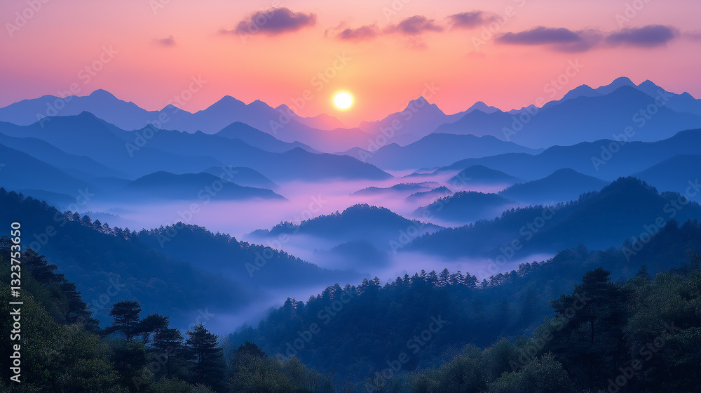 Obraz premium Early morning sunrise and distant mountain scenery