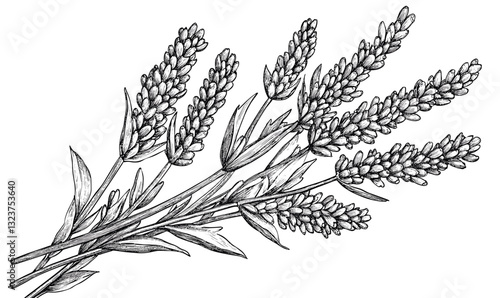 Lavender plant drawing, black and white botanical art, linear vector, floral icons set.