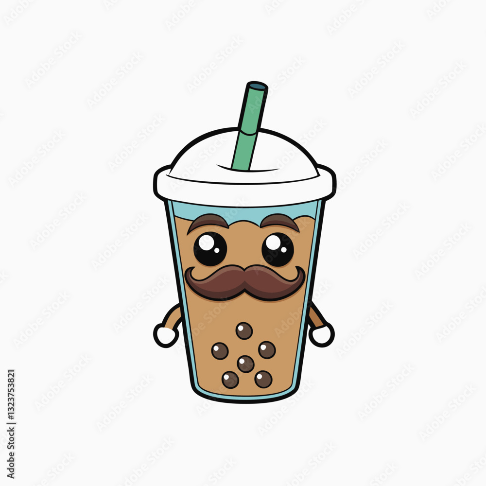 Bubble tea with ice and strawberry cartoon mascot illustration character, pink drink with black bubbles on green background Bubble tea with ice and strawberry cartoon mascot illustration character, pink drink with black bubbles on green background