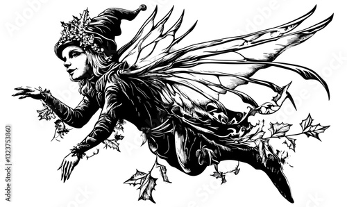Mystical fairy with wings and leaves linear icons set, vector, flat style.