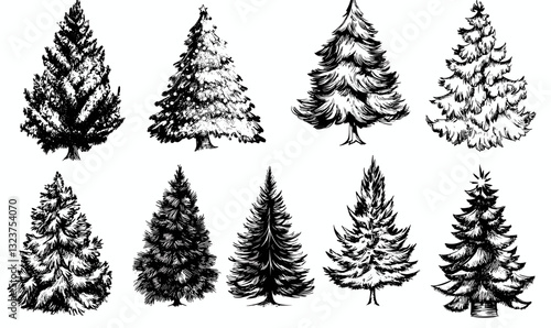 Black and white christmas tree collection in linear style, icons set, vector design.