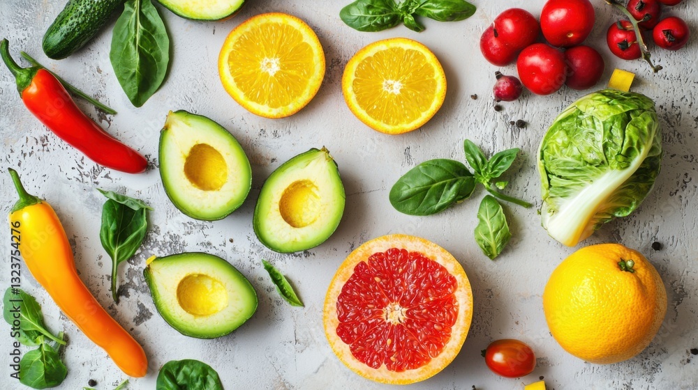 Naklejka premium Healthy food background. Healthy vegan vegetarian food in paper bag vegetables and fruits on white, copy space. Shopping food supermarket and clean vegan eating concept