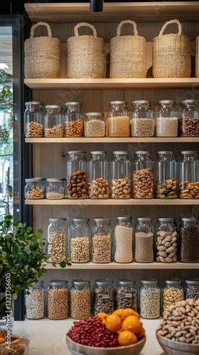 Wallpaper Mural The Pantry's Bounty: A well-stocked pantry boasts a diverse array of grains, nuts, and seeds, artfully arranged in glass jars and woven baskets. Torontodigital.ca