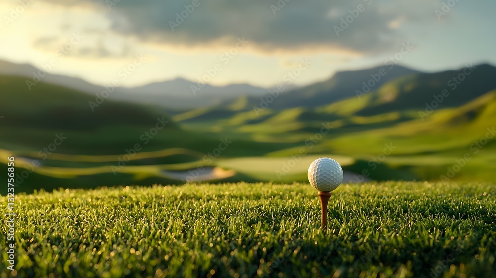 Rustic and Historic Golf Course with Verdant Rolling Hills Manicured Fairways Weathered Wooden Tee Vintage Leather Golf Ball and Warm Nostalgic Natural Lighting in a Golden Hour Landscape Rustic and Historic Golf Course with Verdant Rolling Hills Manicured Fairways Weathered Wooden Tee Vintage Leather Golf Ball and Warm Nostalgic Natural Lighting in a Golden Hour Landscape