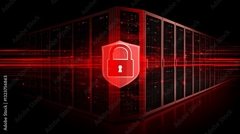 Digital Data Security Concept with Server Rack and Shield Icon Featuring Lock on Dark Background