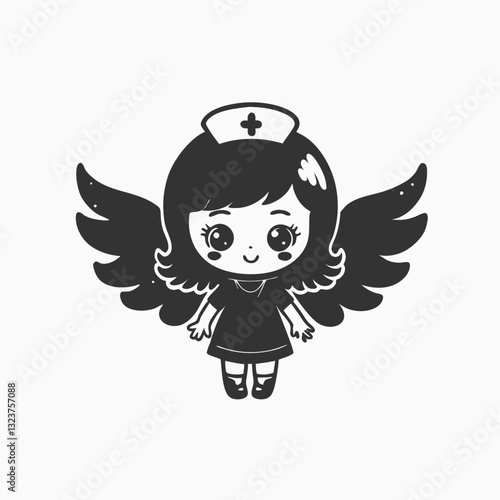 Cute nurse as an angel with wings chibi cartoon character. vector cartoon illustration isolated on white background