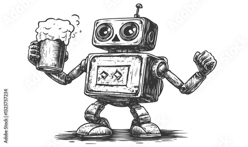 Vintage robot holding beer mug celebrating with cheerful gesture - linear icons set, flat vector.