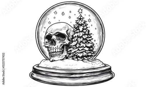 Skull and christmas tree in snow globe, black and white vector, linear icons set.