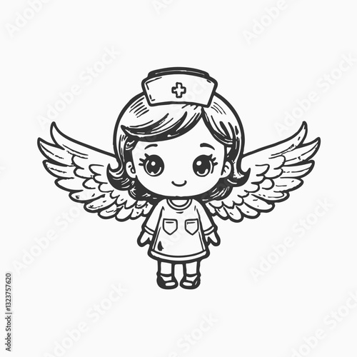 Cute nurse as an angel with wings chibi cartoon character. vector cartoon illustration isolated on white background