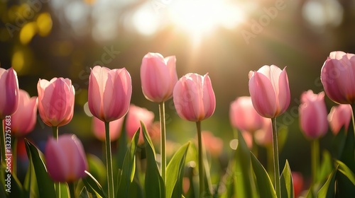 Pink tulips bask in warm sunlight, petals glowing. Perfect for spring, nature, and renewal themes.