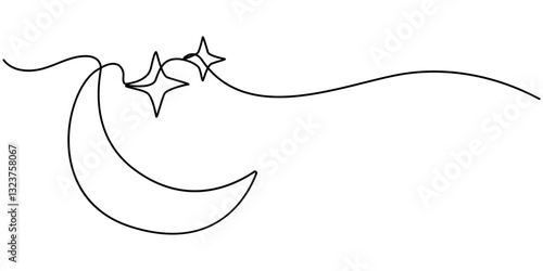 Moon sign line continuous drawing vector. One line Moon vector background. Moon icon. Continuous outline of a Moon. Linear design Moon, Continuous one line drawing of moon icon. Crescent moon. 