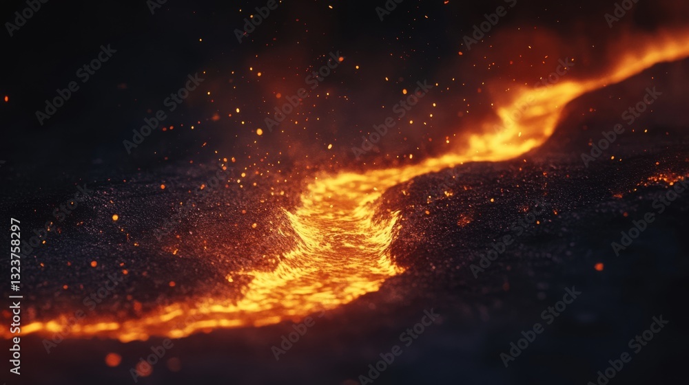 A glowing river of lava flows dramatically, with fiery sparks illuminating the dark surrounding, embodying nature's raw, untamed power. A glowing river of lava flows dramatically, with fiery sparks illuminating the dark surrounding, embodying nature's raw, untamed power.