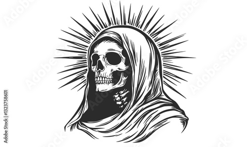 Grim reaper skull in hood with radiating lines vector, dark linear icons set.