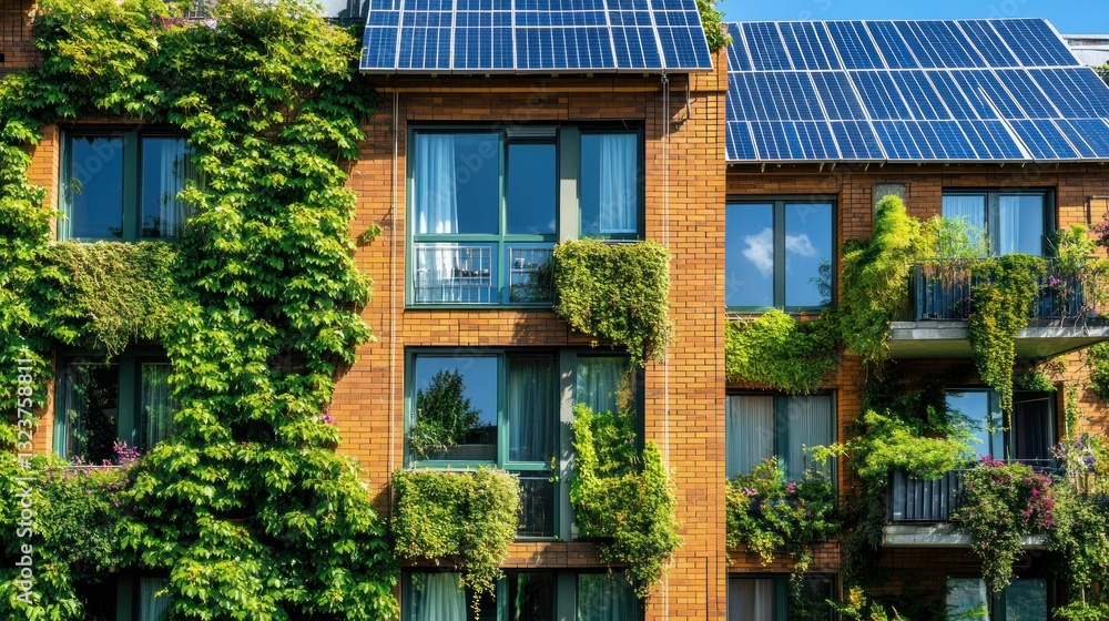 Fototapeta premium A building exterior incorporating plants and solar energy panels