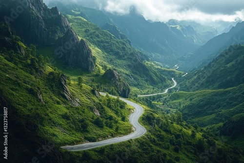 Cars on Curvy Transfagarasan Road in Fagaras Mountains Romania Aerial View Serpentine Highway Beautiful Landscape photo