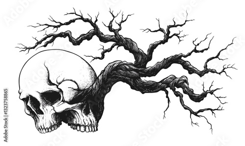 Skull with branches design, dark theme, mysterious art, line style, vector, flat icons set.