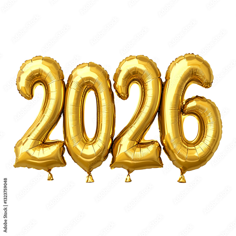 Shiny gold 2026 balloons isolated on transparent background Shiny gold 2026 balloons isolated on transparent background