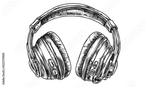 Detailed headphones illustration in linear style, icons set, vector.