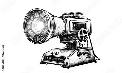 Vintage film projector with detailed lens and reel, retro style, linear icons set.