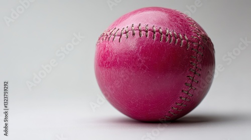 A vibrant pink softball, its glossy surface reflecting the light, rests on a stark white canvas, its color popping against the clean backdrop, highlighting its texture and form.