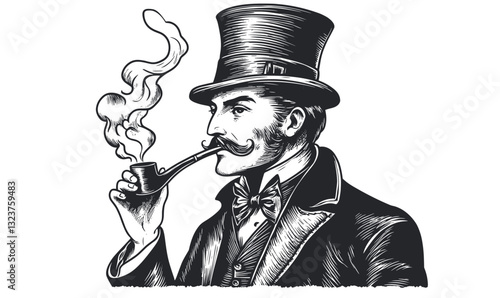 Gentleman with pipe and top hat, classic style vector, linear art icons set.