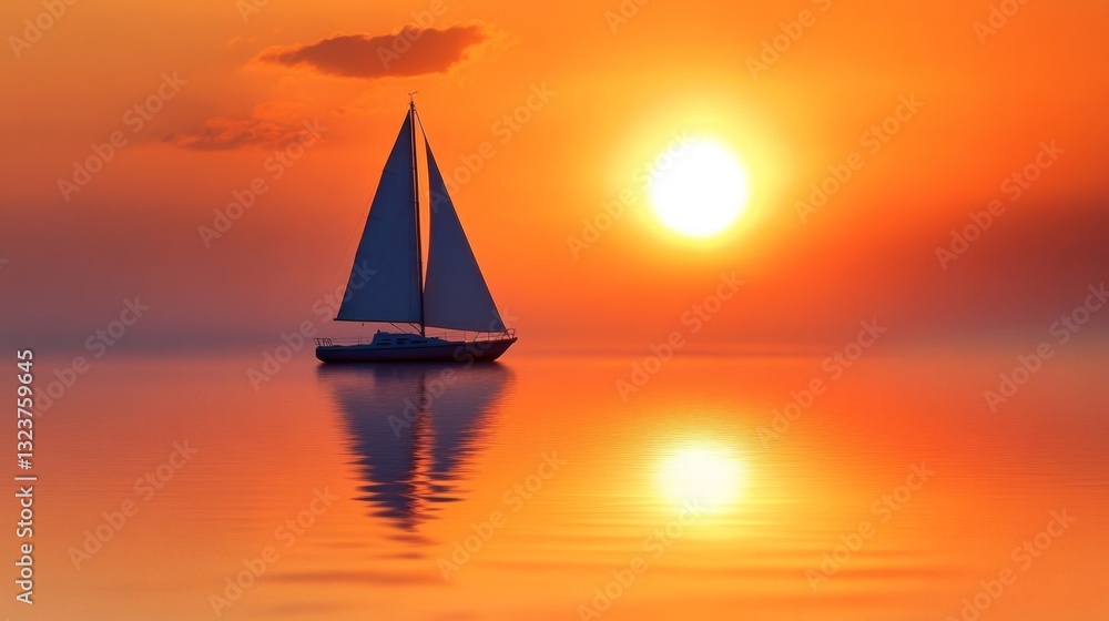 Fototapeta premium A lone sailboat drifts serenely on calm waters, bathed in the vibrant orange hues of a breathtaking sunset.