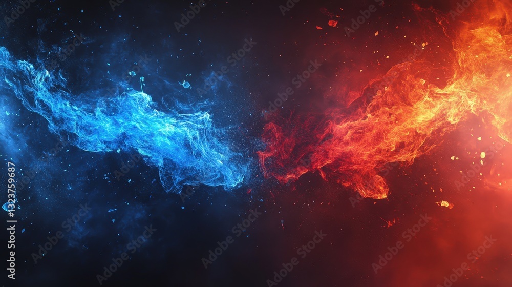 Obraz premium Clash of Elements: A stunning visual representation of opposing forces. This digital artwork juxtaposes vivid blue and red elements.