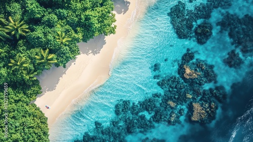 Paradise Cove: Aerial perspective reveals a breathtaking tropical cove where emerald green trees meet a pristine beach. Clear turquoise water shimmers, revealing the beauty of coral reefs