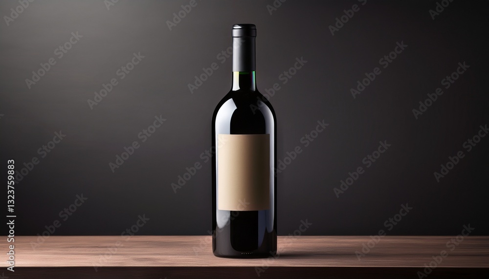 Fototapeta premium A black wine bottle with a minimalist label, gently lit against a solid background, creating a sleek and sophisticated ambiance