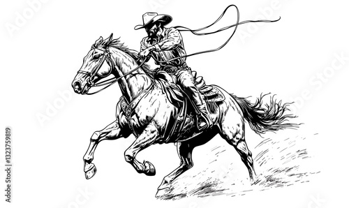 Cowboy riding horse with lasso in action, western adventure, black and white vector, linear icons set.