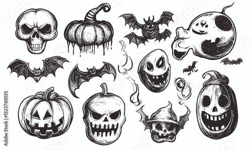 Halloween skulls, pumpkins, and bats icons set - spooky and scary elements, vector, linear.