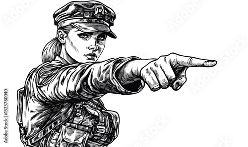 Military female soldier pointing in command, black and white, vector, linear style.