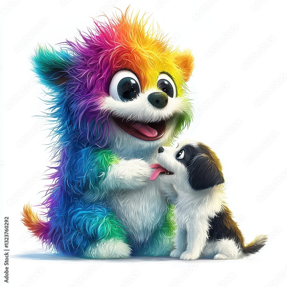 Rainbow Fluffy Monster Joyfully Playing with a Puppy, isolated on clear white background Rainbow Fluffy Monster Joyfully Playing with a Puppy, isolated on clear white background