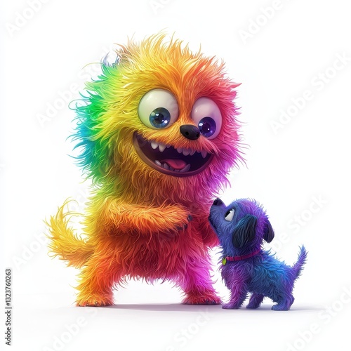 Rainbow Fluffy Monster Joyfully Playing with a Puppy, isolated on clear white background
