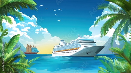 Cruise Ship Paradise: A large cruise ship sails peacefully across the turquoise waters, flanked by palm trees, mountains, and a bright blue sky.