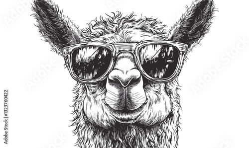 Cool llama with sunglasses in black and white vector, linear style icons set.