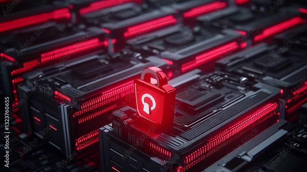 Digital Security Concept with Red Locked Padlock on Technology Server Background Representing Data Protection Digital Security Concept with Red Locked Padlock on Technology Server Background Representing Data Protection