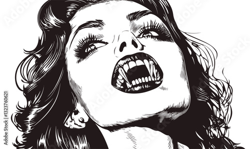 Female vampire with open mouth, expressive face, horror elements, linear style icons set, vector.