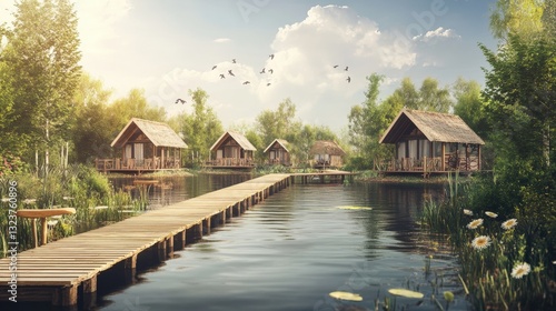 Serene Lakeside Retreat: Wooden cabins perched gracefully over a tranquil lake, connected by a long pier, create an idyllic scene of peace and relaxation amidst lush greenery.