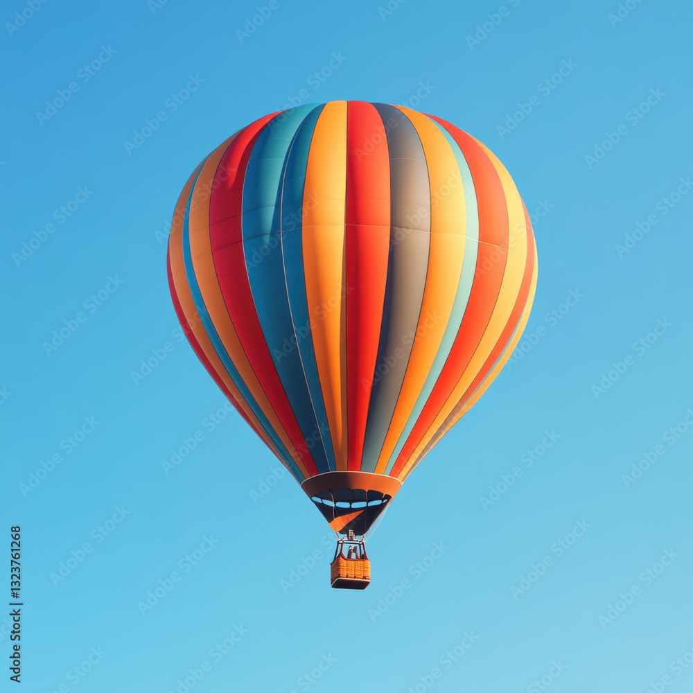 Naklejka premium vibrant hot air balloon floats against clear blue sky, showcasing colorful stripes in orange, red, and blue. scene evokes sense of adventure and freedom