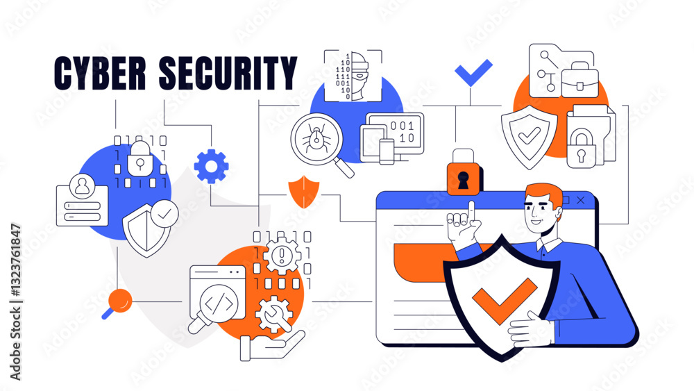 Cyber security concept illustration. Personal privacy, control. Hacking, malware. Threat detection, monitoring. Text banner with flat vector character, colorful line icons. Visual communication