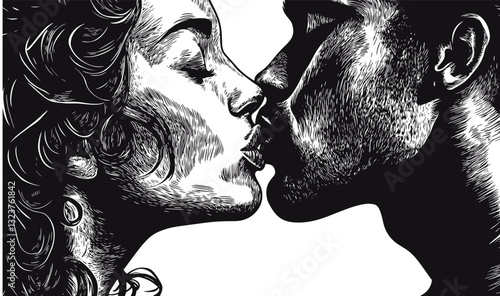 Romantic couple kissing black and white sketch art, detailed linework, vector, linear icons set.