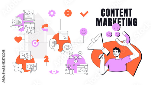 Content marketing concept illustration. Leads generation. Analytics, statistics. Advertising, promoting. Text banner with flat vector character, colorful line icons. Visual communication