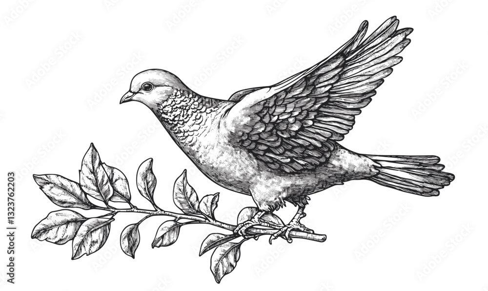 Fototapeta premium Detailed dove on branch with leaves illustration, nature and wildlife linear style icons set, vector.