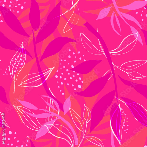  seamless pattern with pink leaves, fashionable colours.

