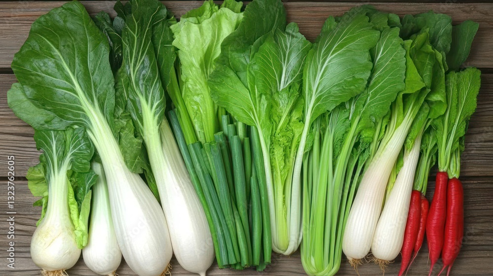 Fresh and vibrant asian greens and red radishes on rustic wooden background Fresh and vibrant asian greens and red radishes on rustic wooden background