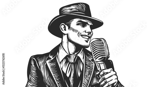 Retro singer with vintage microphone, wearing a hat and suit, vector, linear icons set.